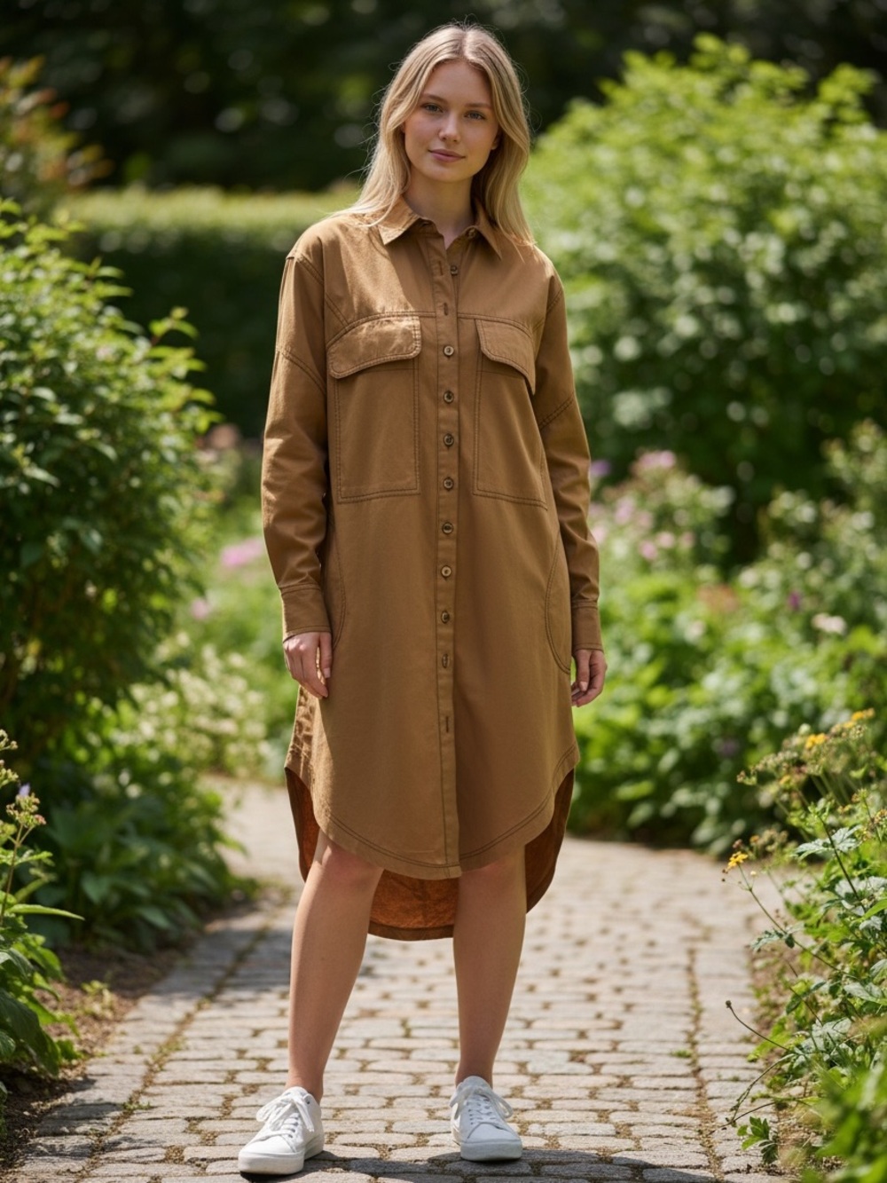 We The Free Long-Sleeve Button-Front Shirt Dress in Caramel
